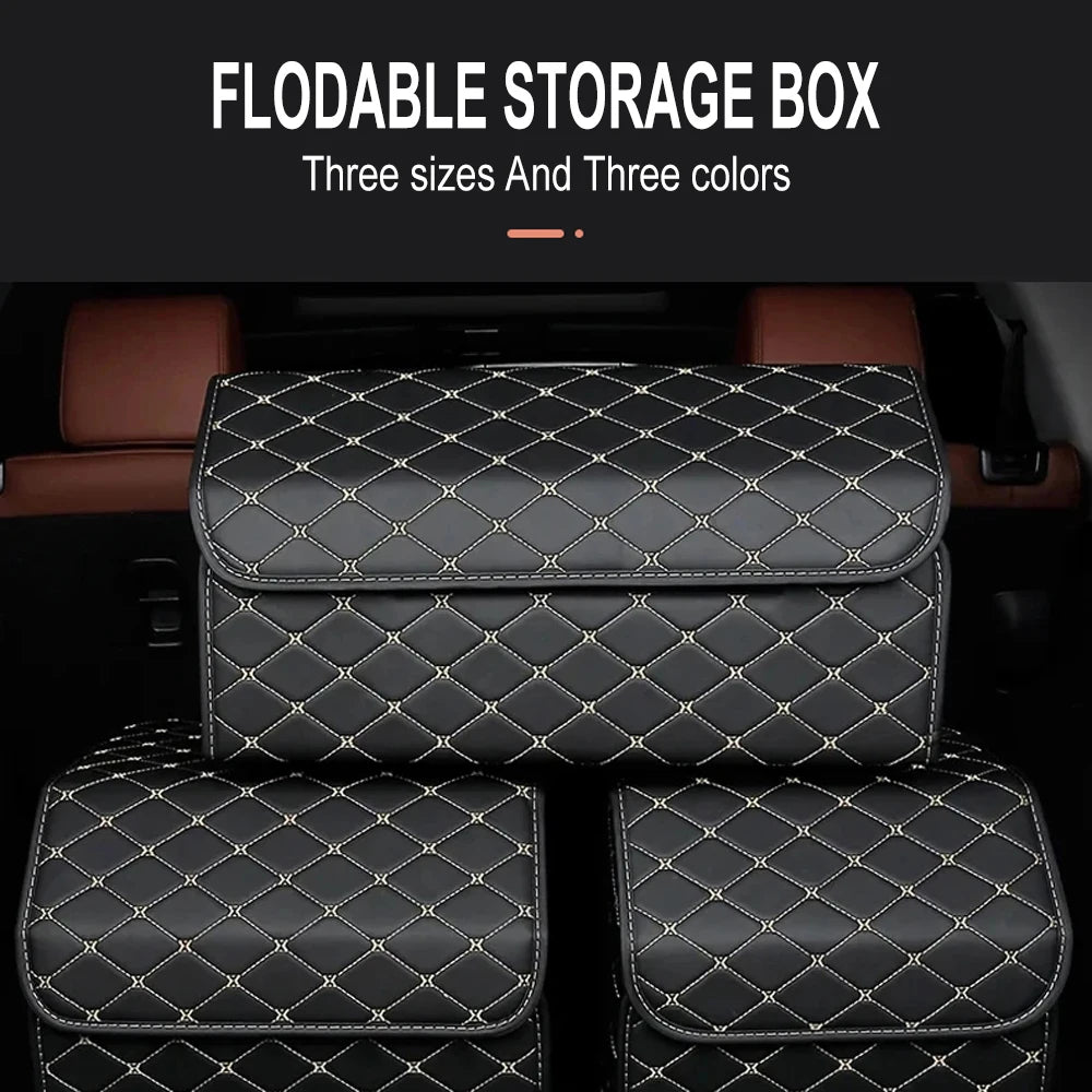 Three folding car boot organisers with gold stitching in a car boot
