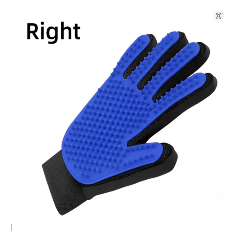 Silicone pet deshedding glove, blue, right hand, angled view