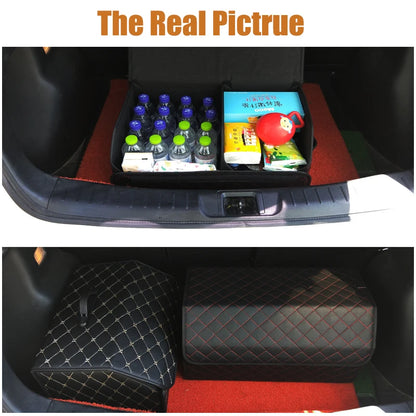 Folding car boot organisers in use, holding bottles and household items