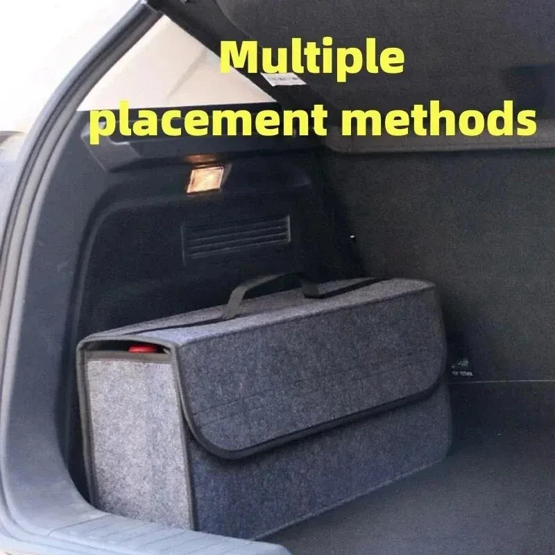 Grey felt car boot organiser standing in a car boot