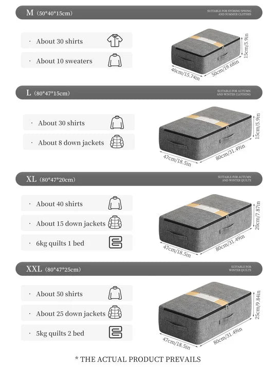 Size chart for the under-bed storage bag range