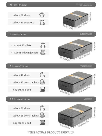 Size chart for the under-bed storage bag range
