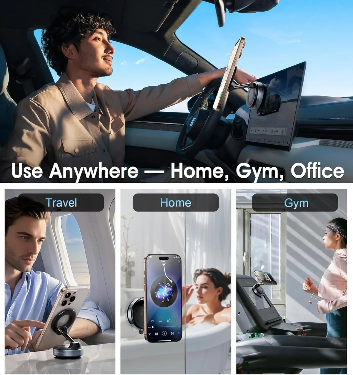 Phone mount used in a car, at home and at the gym