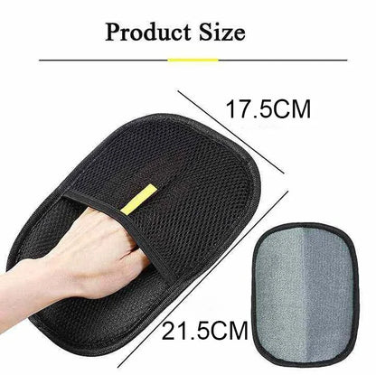 Black pet hair removal mitt with size markings