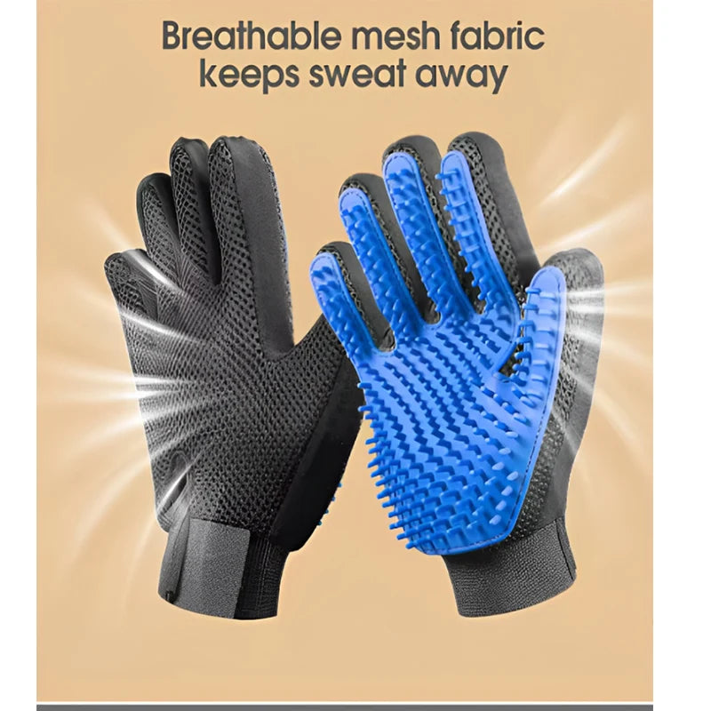 Back and palm of the blue deshedding glove, showing the mesh fabric back