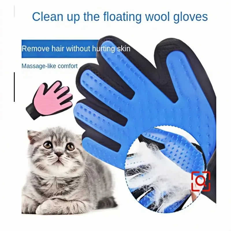 Blue silicone pet deshedding glove, close-up of the bristles lifting cat fur