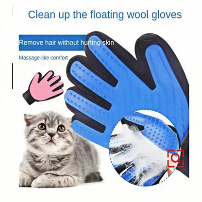 Blue silicone pet deshedding glove, close-up of the bristles lifting cat fur