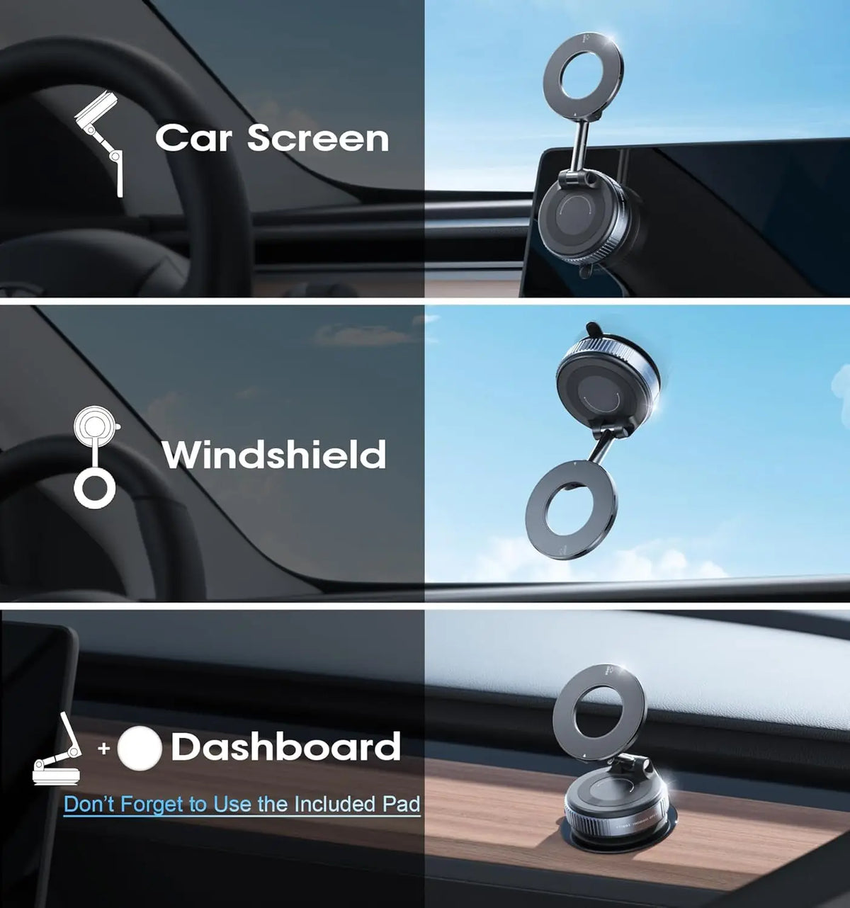 Mount fixed to a car screen, windscreen and dashboard
