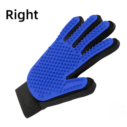 Silicone pet deshedding glove, blue, right hand, side view
