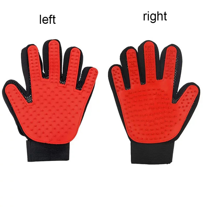 Silicone pet deshedding gloves, red, left and right hand