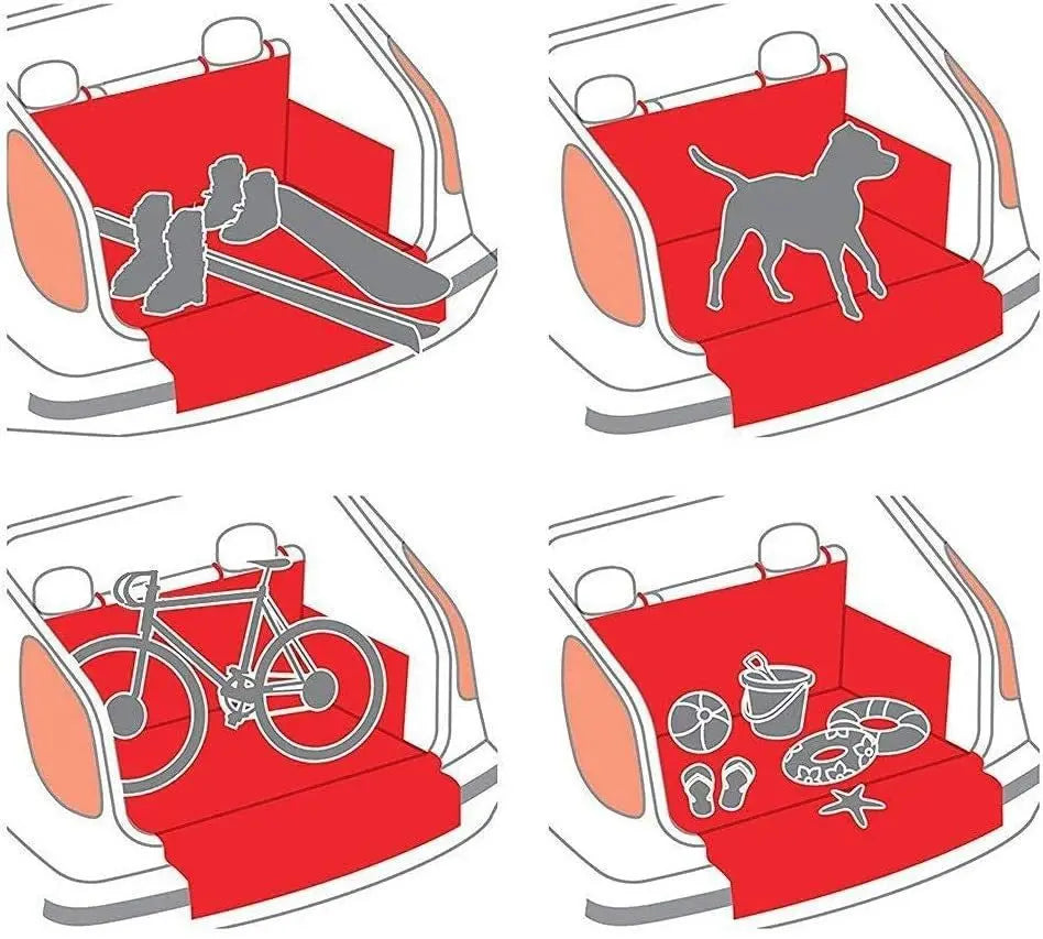 Drawings of the liner fitted in a car boot, carrying a dog, bikes and other cargo