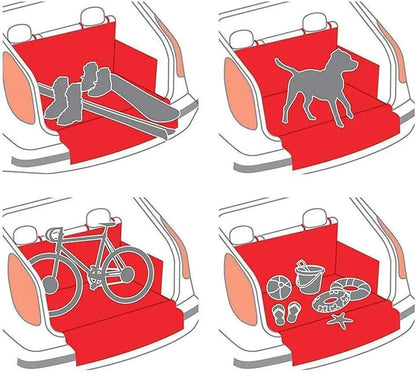 Drawings of the liner fitted in a car boot, carrying a dog, bikes and other cargo