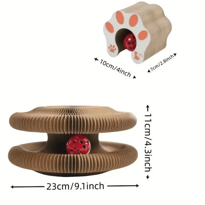 Foldable cat scratcher closed and open, with size markings and red bell ball