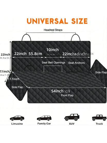 Back seat cover diagram showing headrest straps, seat belt openings, side flaps and front flap