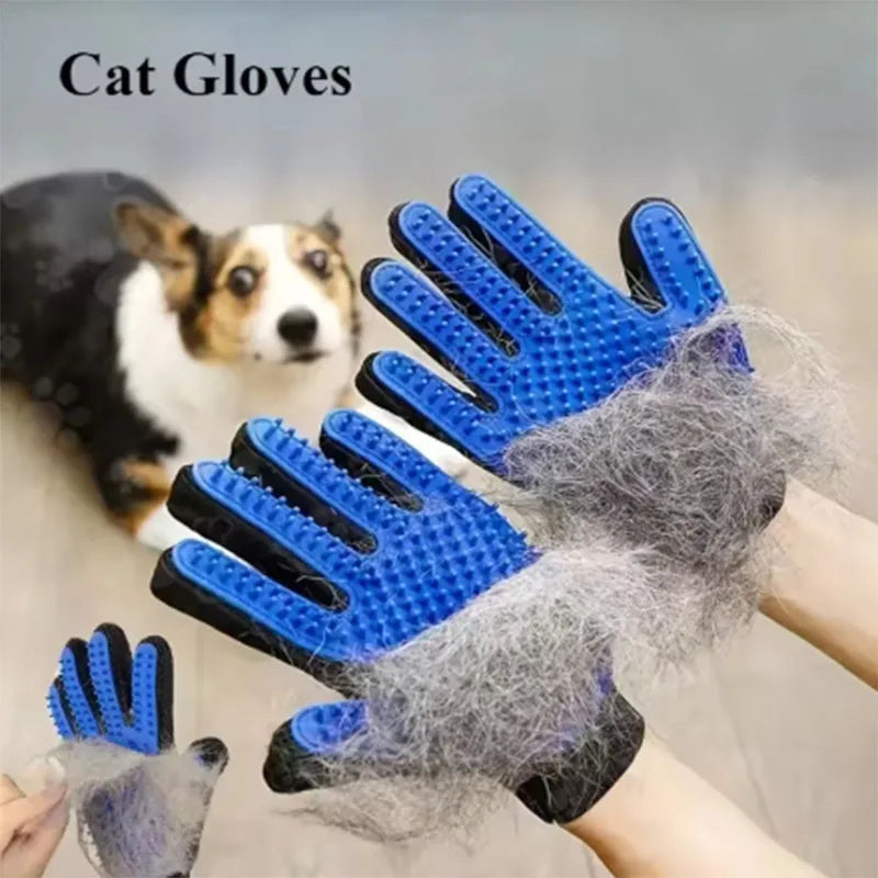 Two blue silicone pet deshedding gloves holding loose fur, with a dog behind