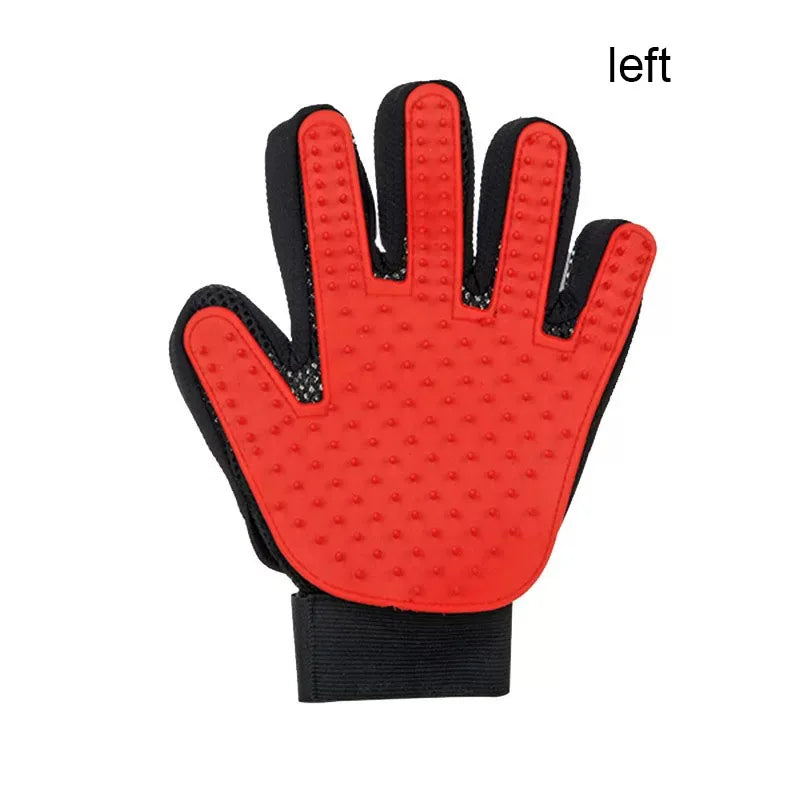 Silicone pet deshedding glove, red, left hand