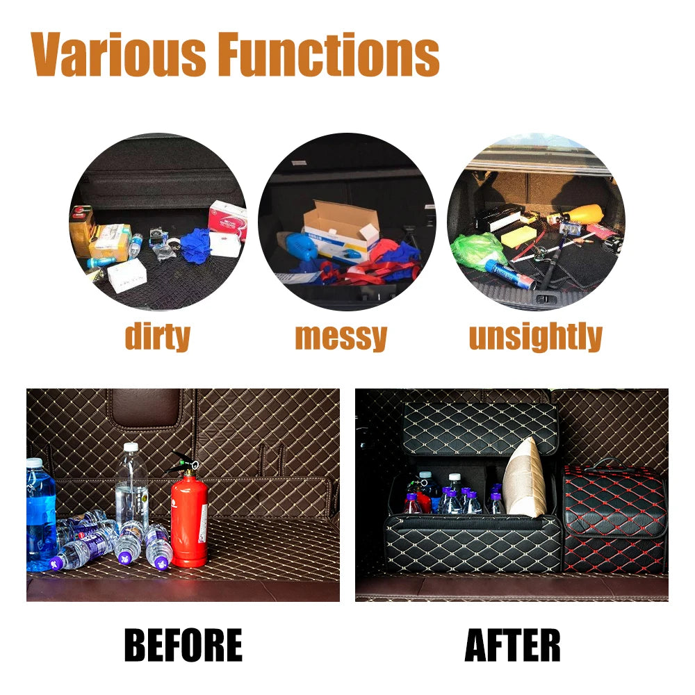 Car boot before and after using the folding organiser