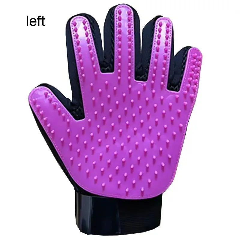Silicone pet deshedding glove, purple, left hand