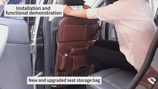 Car seat back organiser installation with headrest strap and seat hook